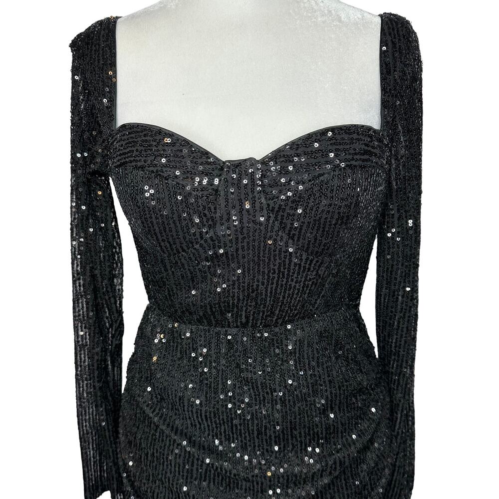 Hello Molly Black Sequin Posted Long Sleeve Ruched Party Cocktail Dress 6 Medium - Picture 4 of 13